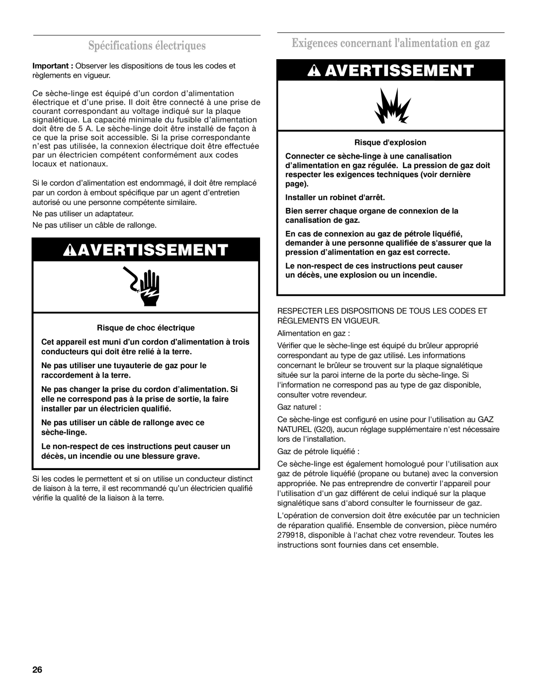 Whirlpool W10120482A installation instructions Spécifications électriques, Exigences concernant lalimentation en gaz 