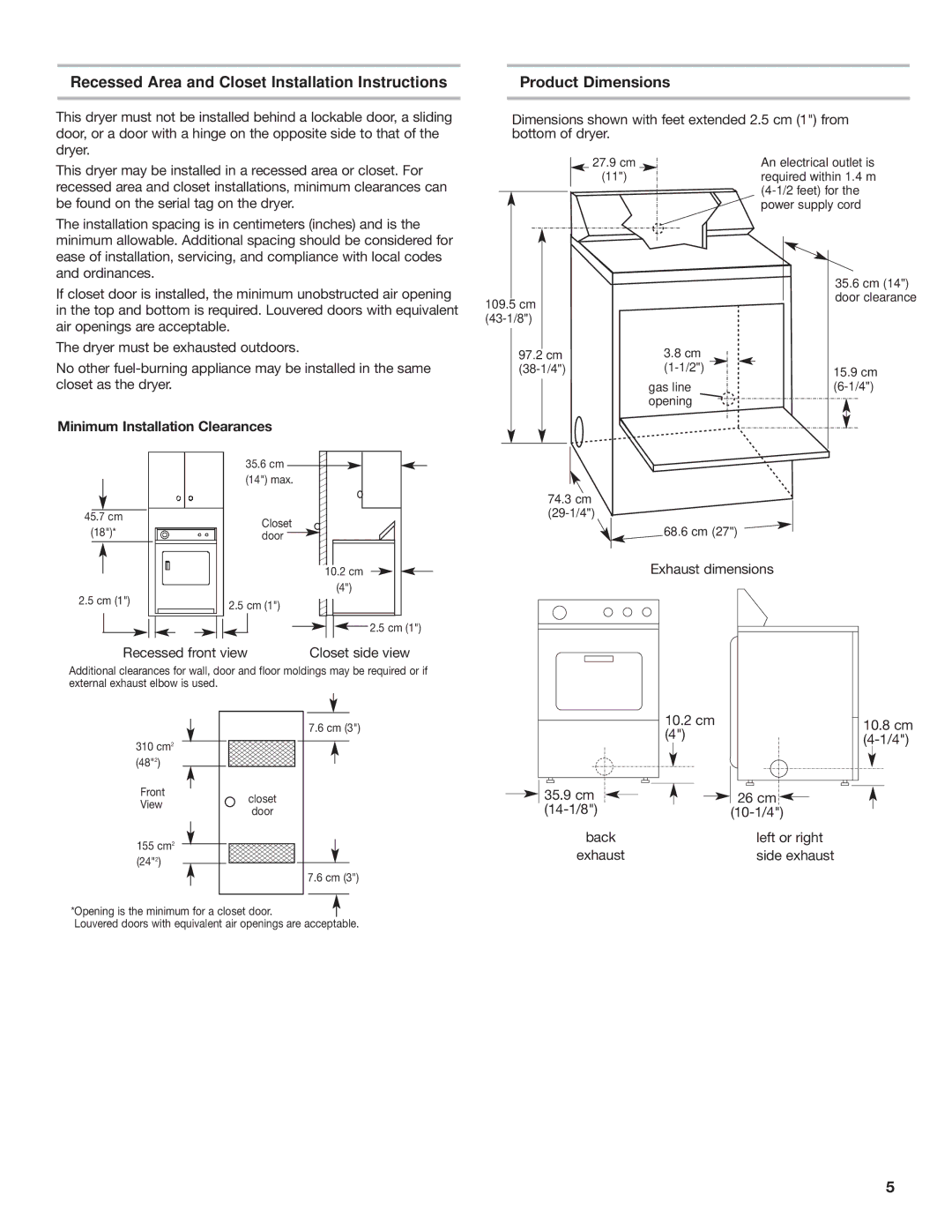 Whirlpool W10120482A installation instructions Recessed Area and Closet Installation Instructions, Product Dimensions 