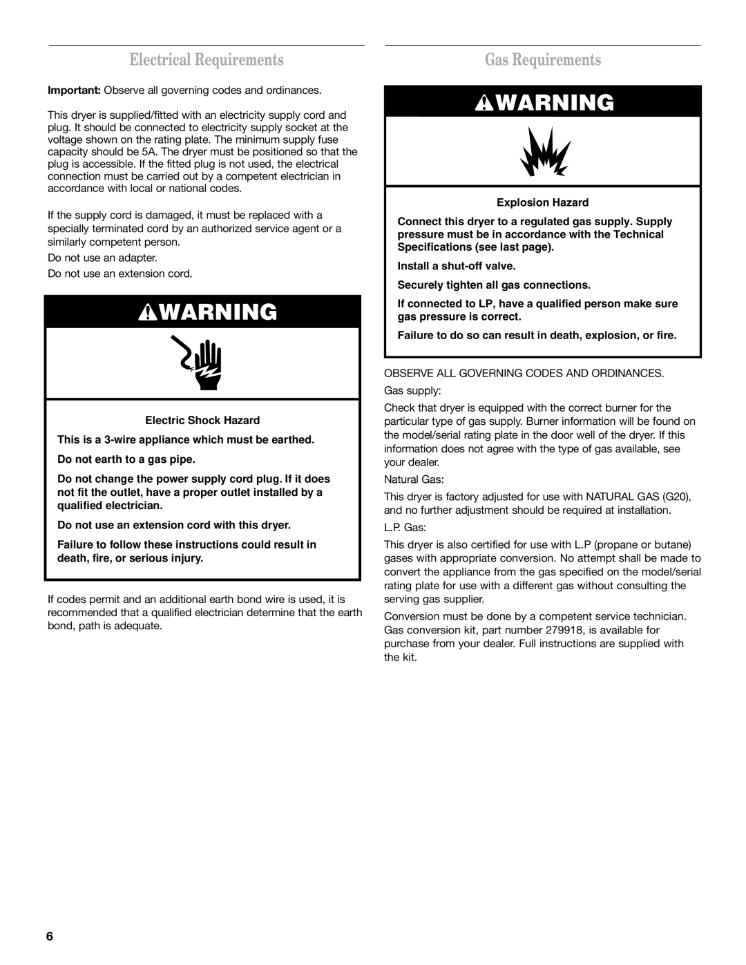 Whirlpool W10120482A installation instructions Electrical Requirements, Gas Requirements 