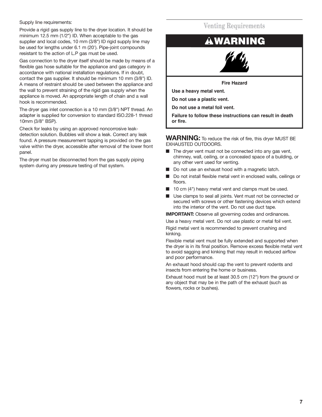 Whirlpool W10120482A installation instructions Venting Requirements 