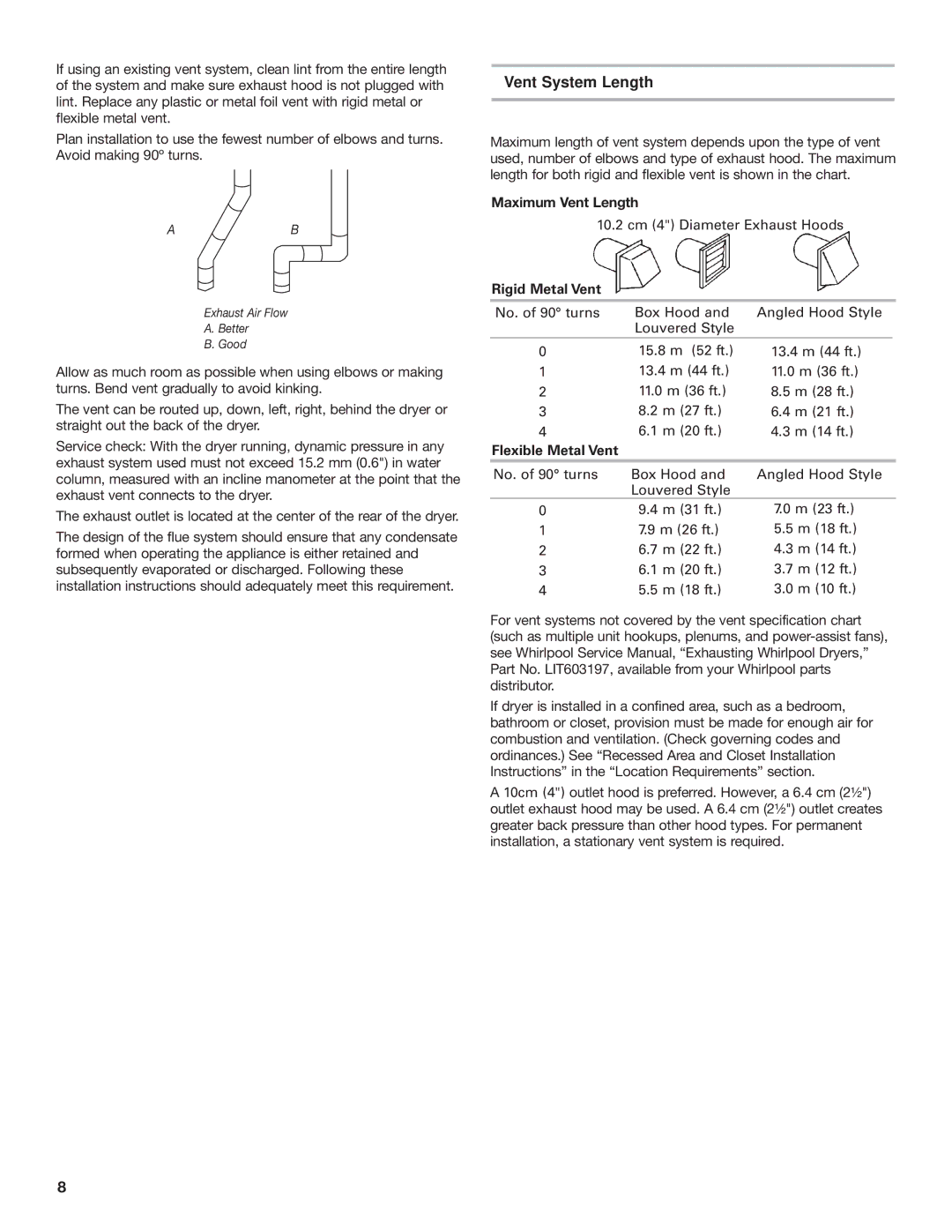 Whirlpool W10120482A Vent System Length, Maximum Vent Length, Rigid Metal Vent, Flexible Metal Vent 