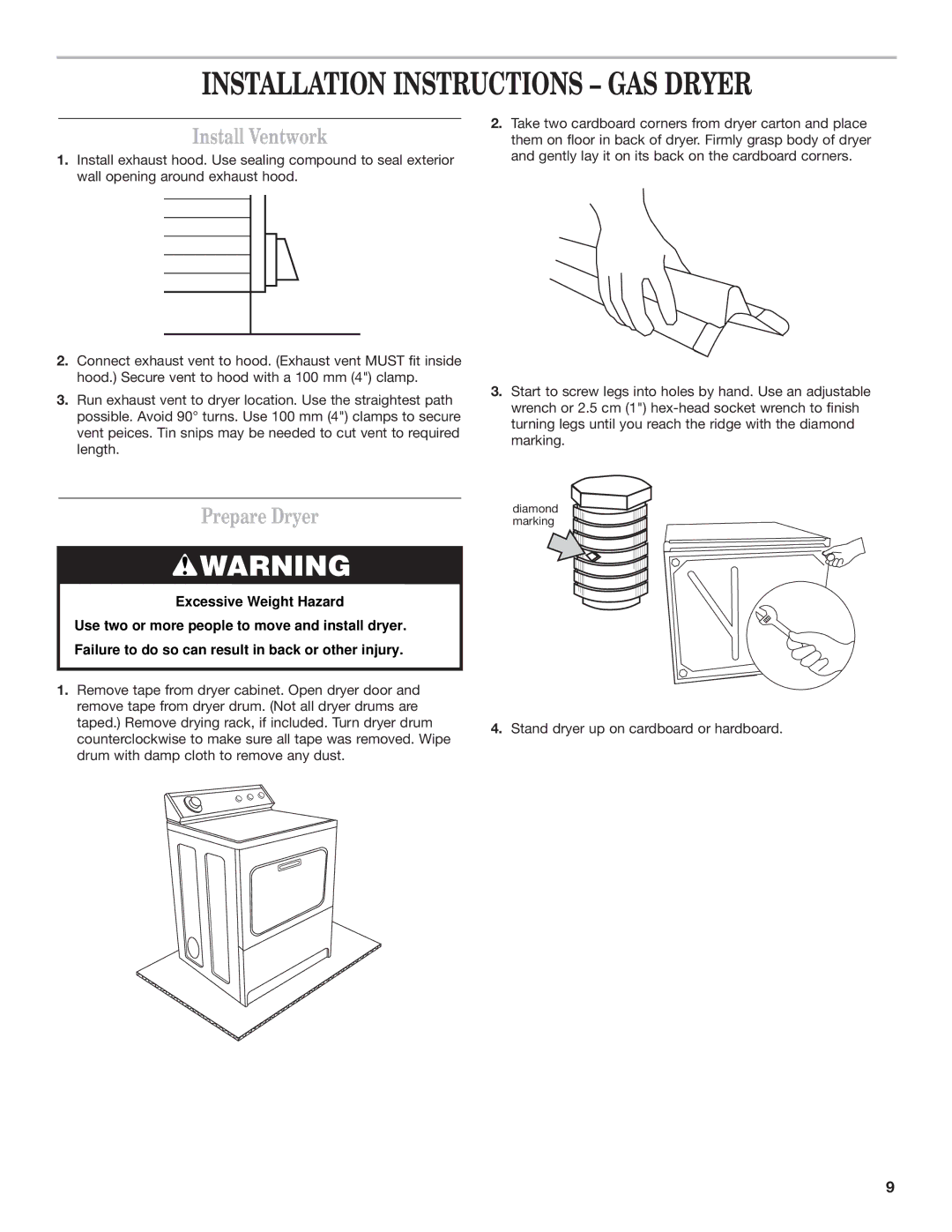 Whirlpool W10120482A installation instructions Installation Instructions GAS Dryer, Install Ventwork, Prepare Dryer 