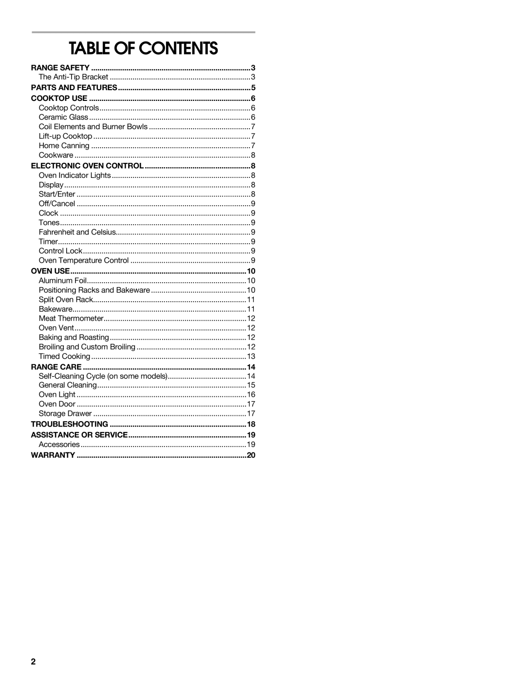 Whirlpool W10120510A manual Table of Contents 