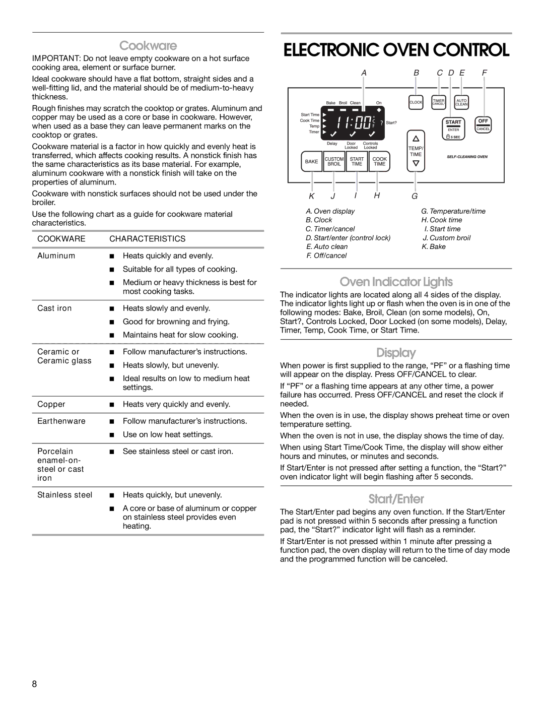 Whirlpool W10120510A manual Oven Indicator Lights, Display, Start/Enter, Cookware Characteristics 