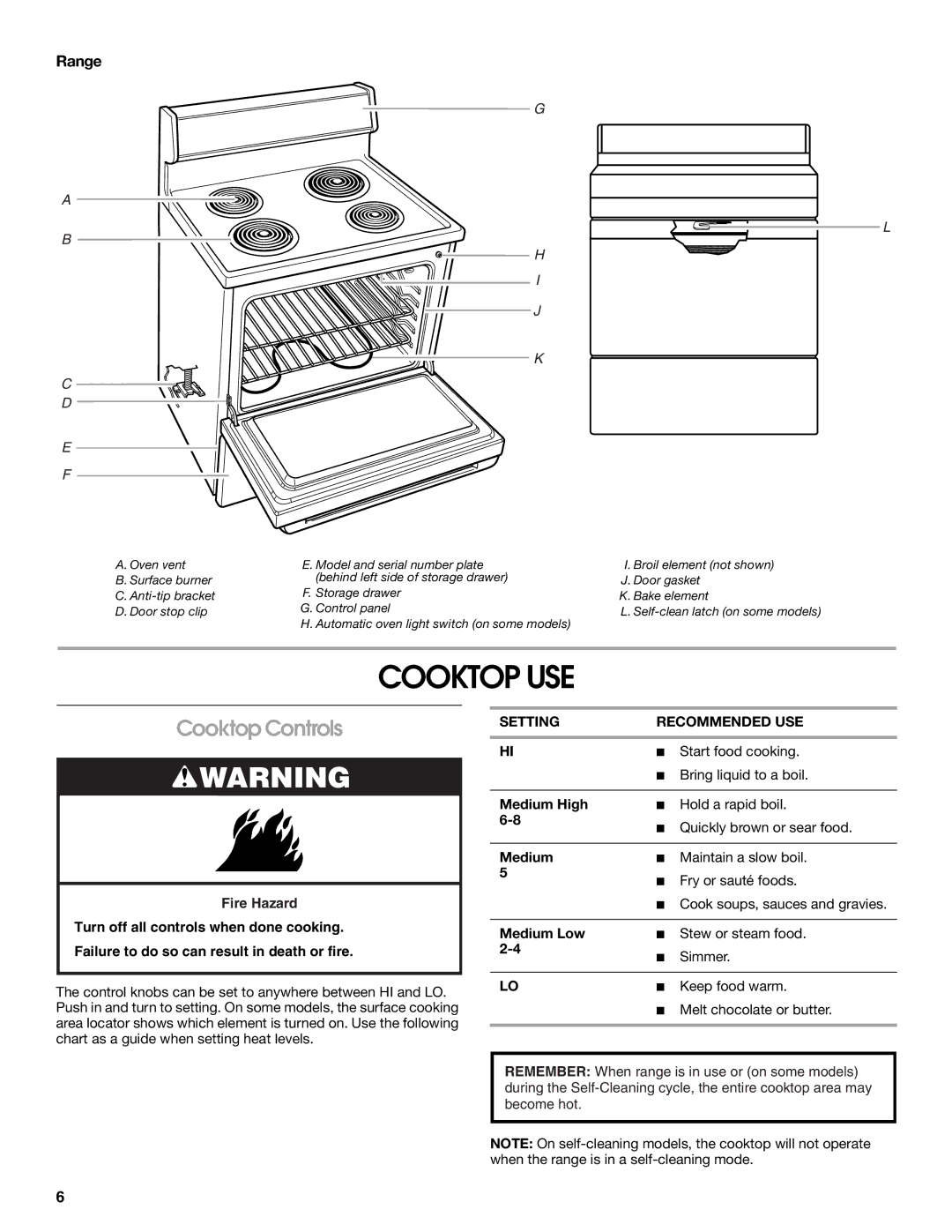 Whirlpool W10120513A manual Cooktop USE, Cooktop Controls, Range, Setting Recommended USE 