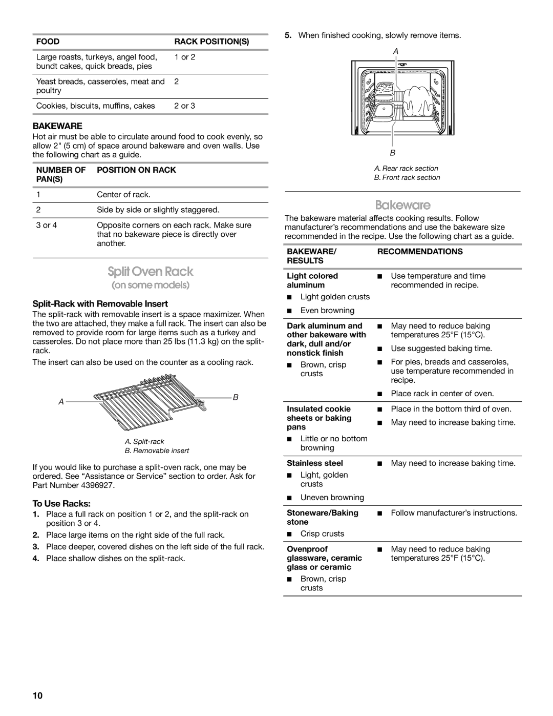 Whirlpool W10120516A manual Split Oven Rack, Bakeware, Split-Rack with Removable Insert, To Use Racks 