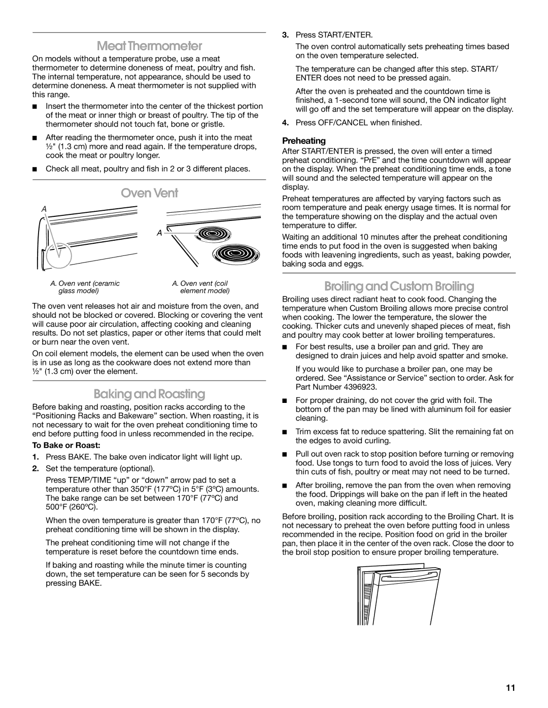 Whirlpool W10120516A manual Meat Thermometer, Oven Vent, Baking and Roasting, Broiling and Custom Broiling, Preheating 