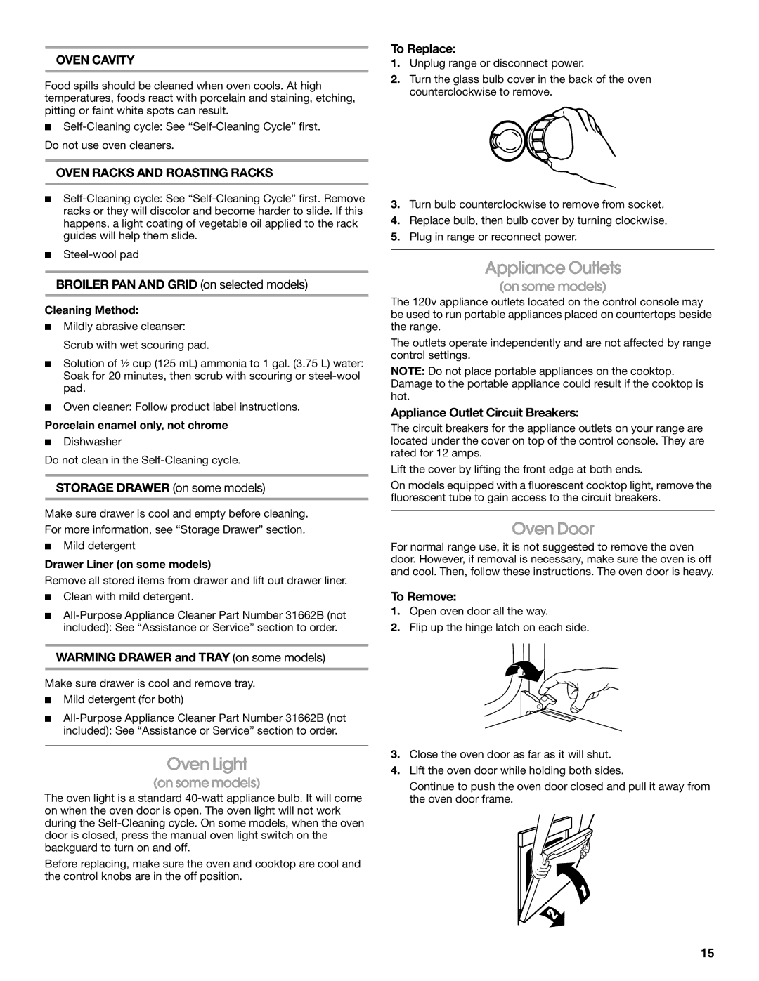 Whirlpool W10120516A manual Appliance Outlets, Oven Door, Oven Light, Oven Cavity, Oven Racks and Roasting Racks 