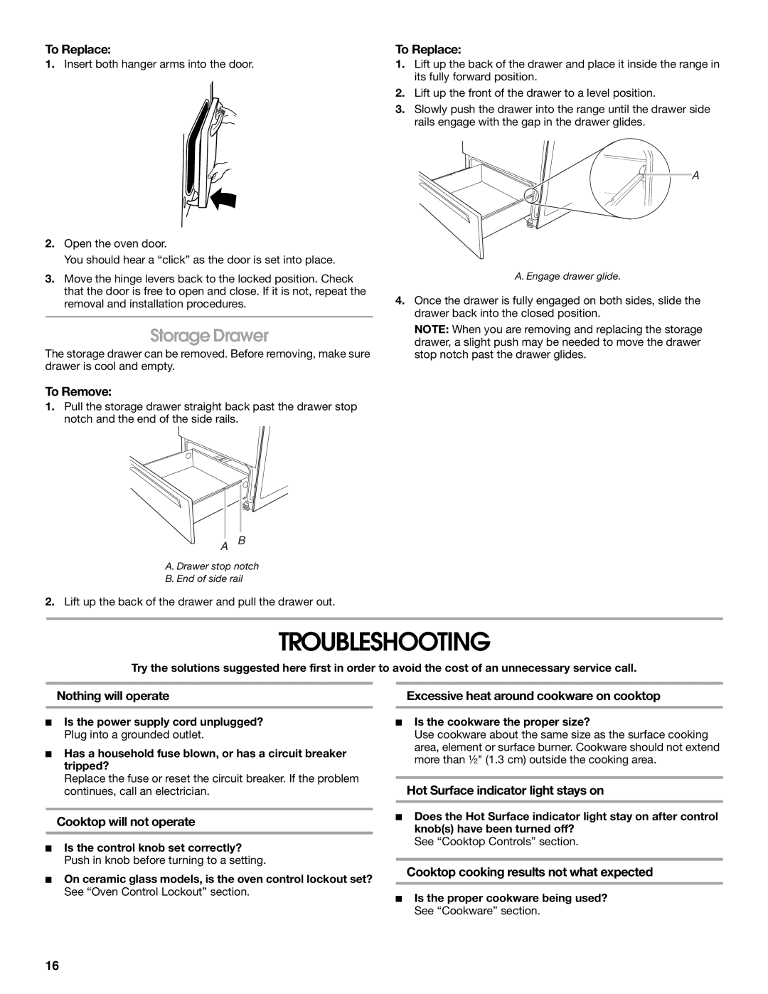 Whirlpool W10120516A manual Troubleshooting, Storage Drawer 