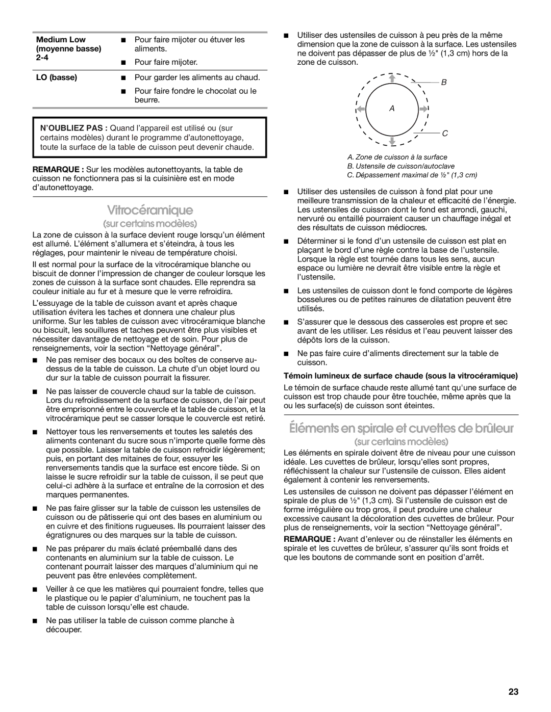 Whirlpool W10120516A manual Vitrocéramique, Éléments en spirale et cuvettes de brûleur, Moyenne basse, LO basse 
