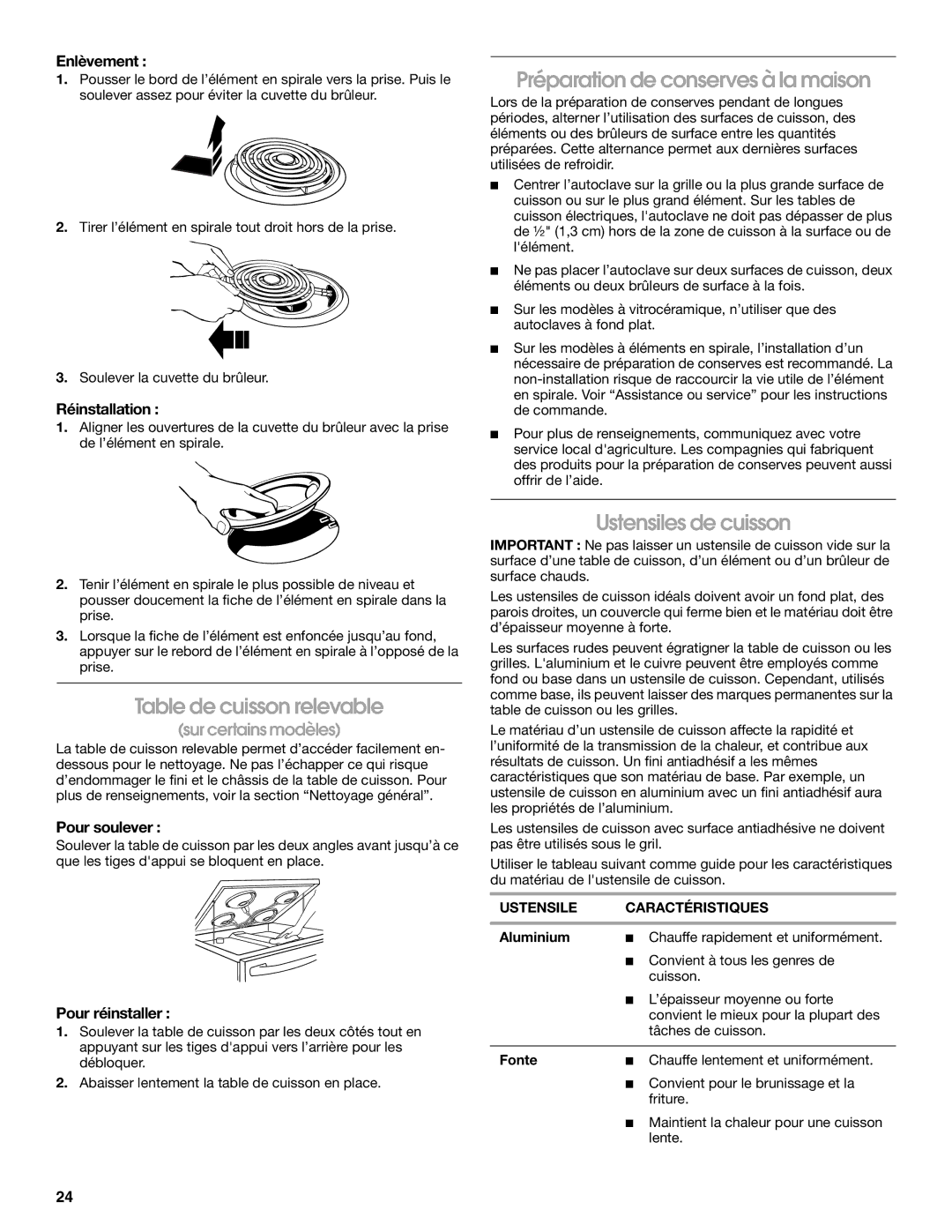 Whirlpool W10120516A manual Table de cuisson relevable, Préparation de conserves à la maison, Ustensiles de cuisson 