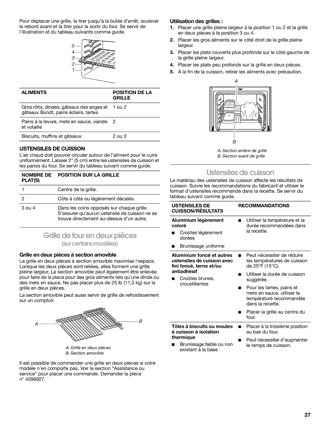 Whirlpool W10120516A manual Grille de four en deux pièces, Ustensiles DE Cuisson, Grille en deux pièces à section amovible 