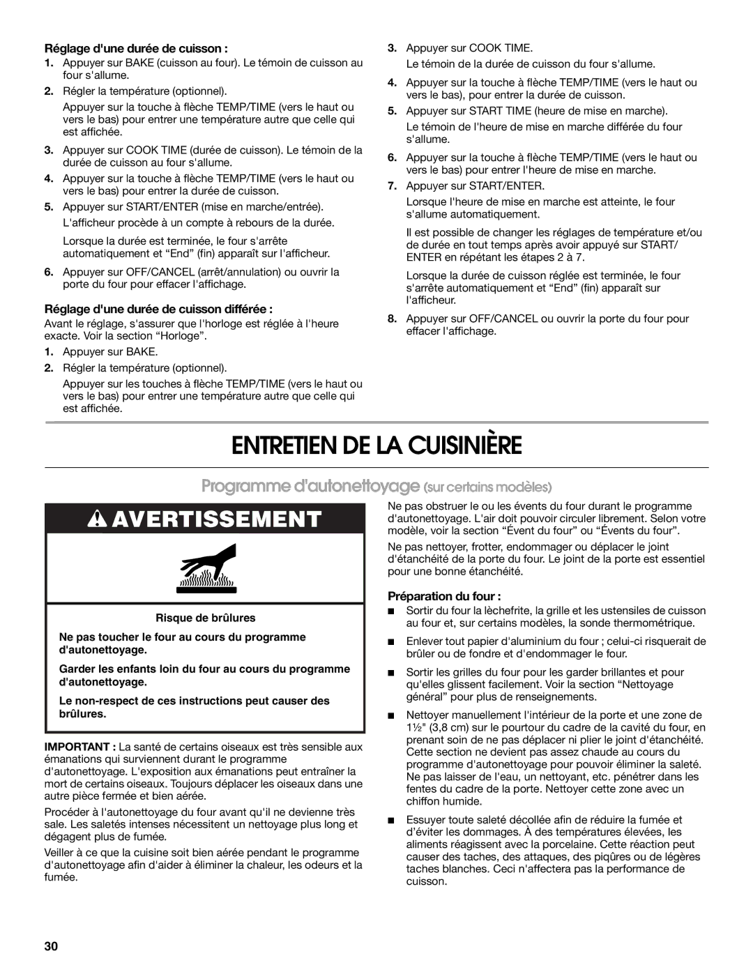 Whirlpool W10120516A manual Entretien DE LA Cuisinière, Programme dautonettoyage sur certains modèles, Préparation du four 