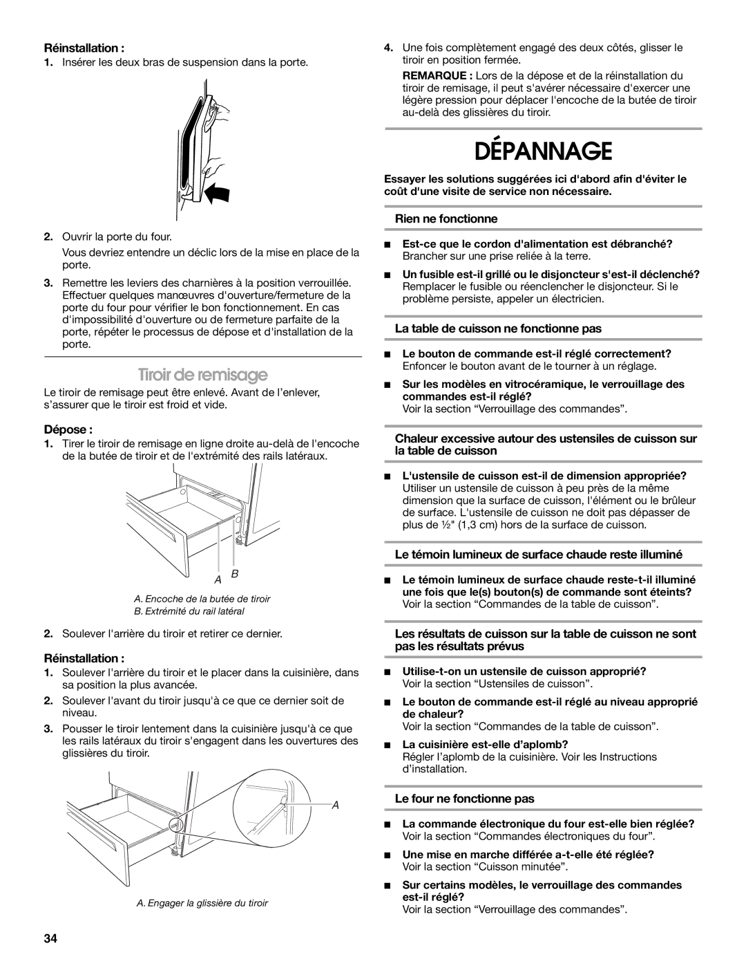 Whirlpool W10120516A manual Dépannage, Tiroir de remisage 