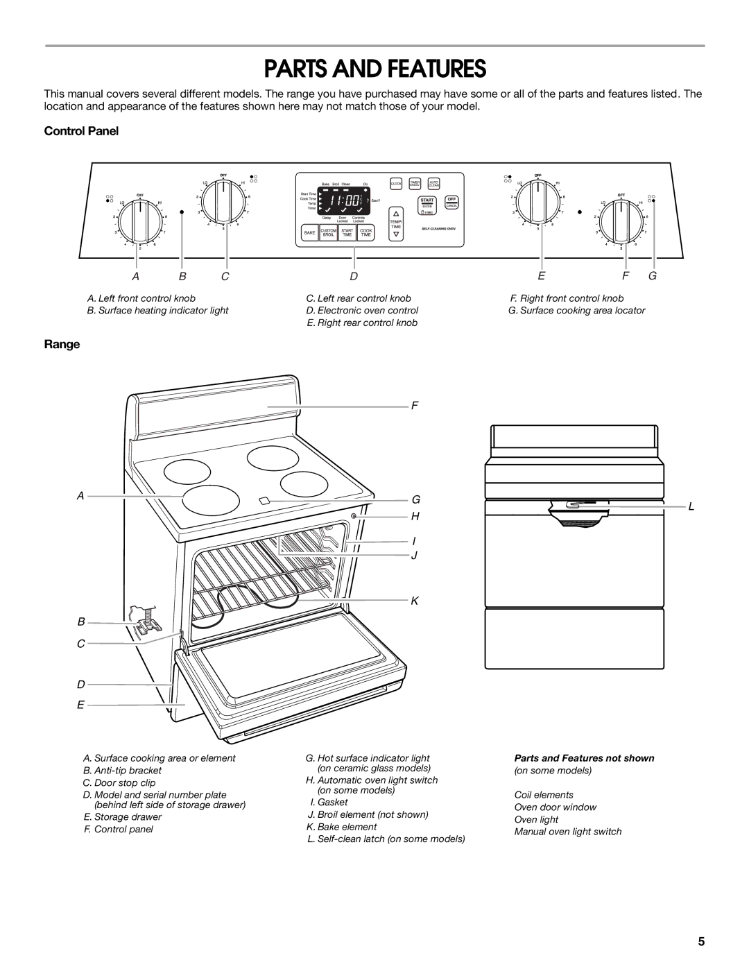 Whirlpool W10120516A manual Parts and Features, Control Panel, Range 