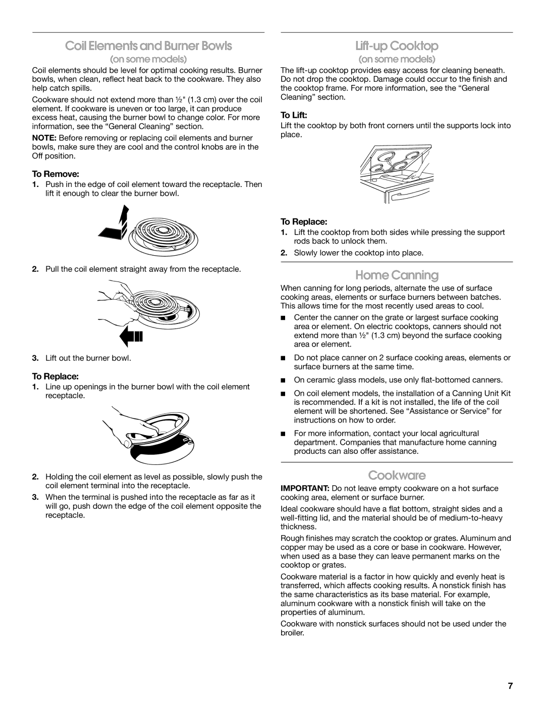 Whirlpool W10120516A manual Coil Elements and Burner Bowls, Lift-up Cooktop, Home Canning, Cookware 