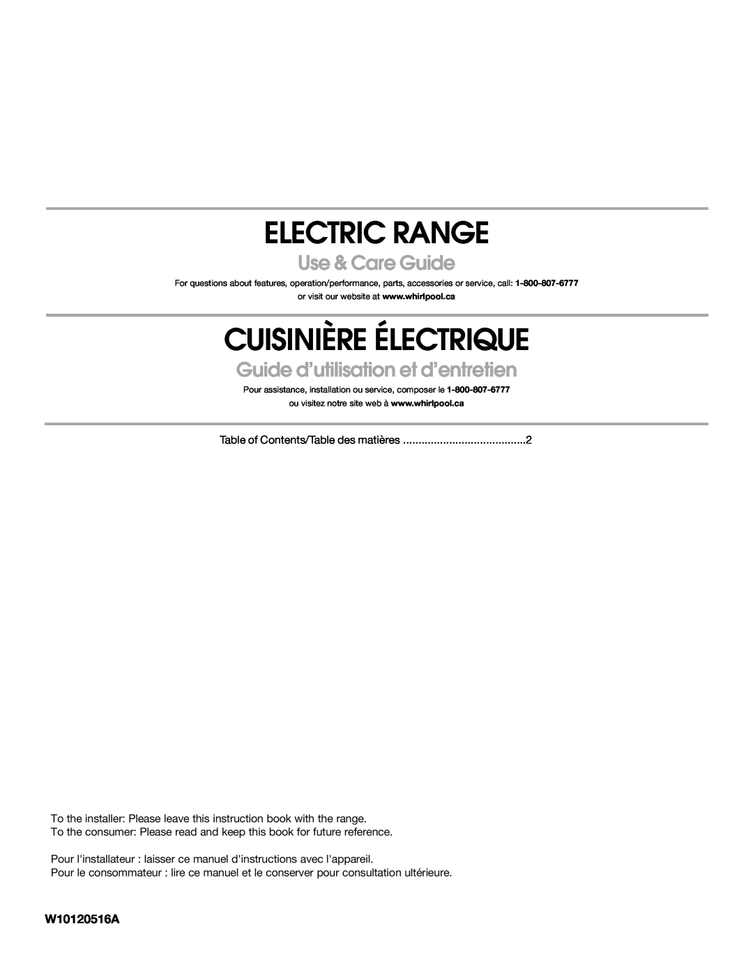 Whirlpool W10120516A manual Electric Range, Cuisinière Électrique, Use & Care Guide, Guide d’utilisation et d’entretien 
