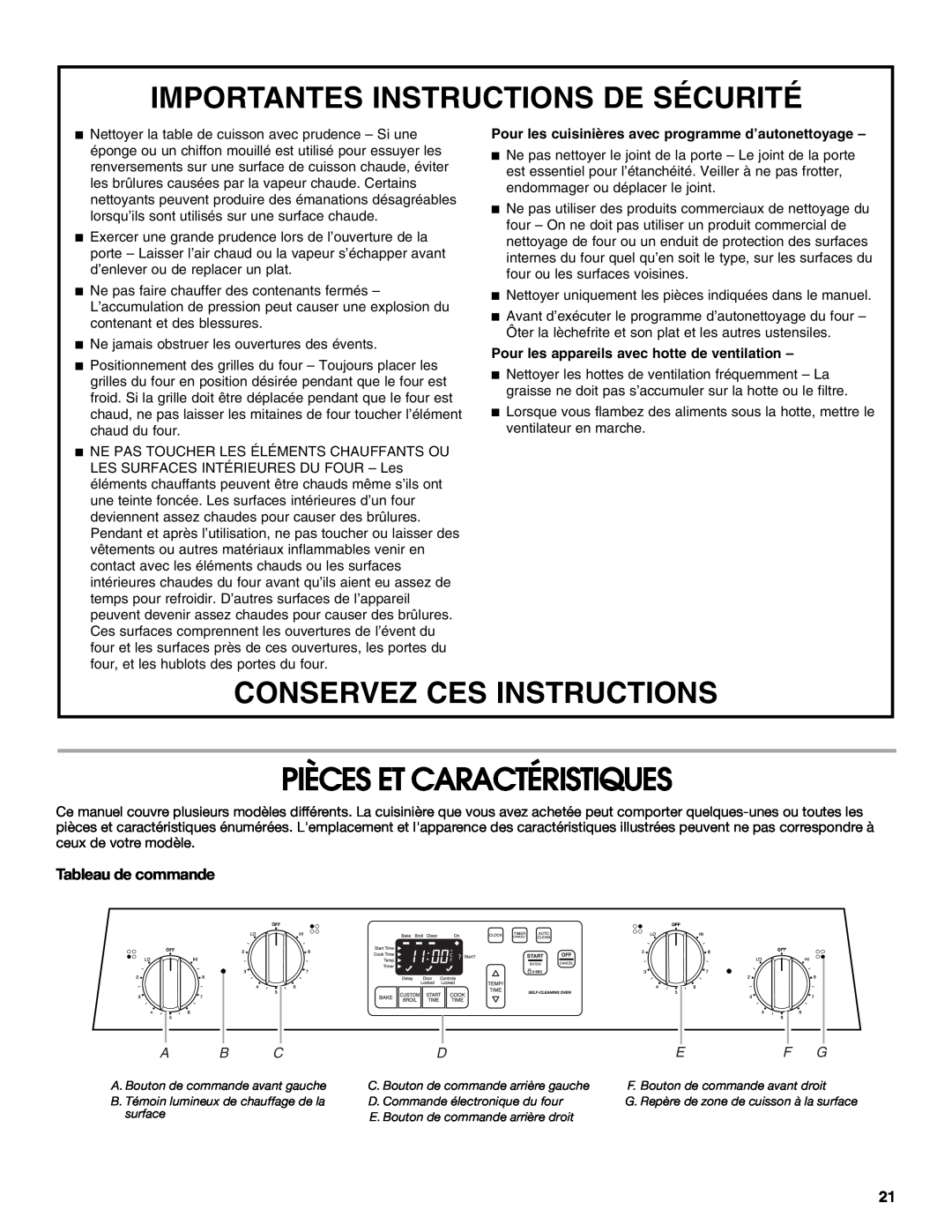 Whirlpool W10120516A manual Pièces Et Caractéristiques, Tableau de commande, Importantes Instructions De Sécurité 