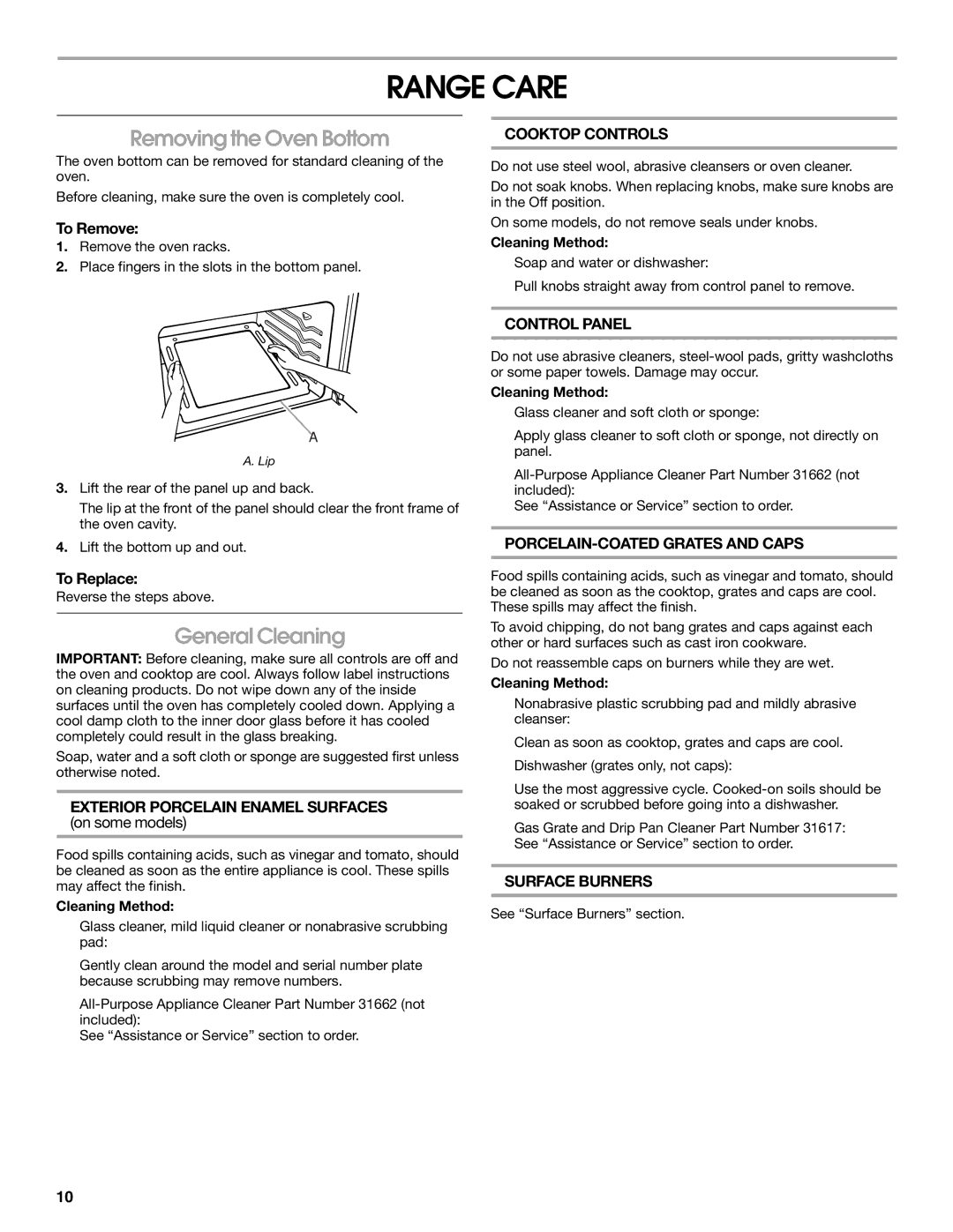 Whirlpool W10121768B manual Range Care, Removing the Oven Bottom, General Cleaning 