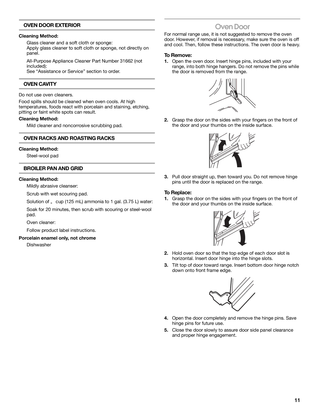 Whirlpool W10121768B manual Oven Door Exterior, Oven Cavity, Oven Racks and Roasting Racks, Broiler PAN and Grid 
