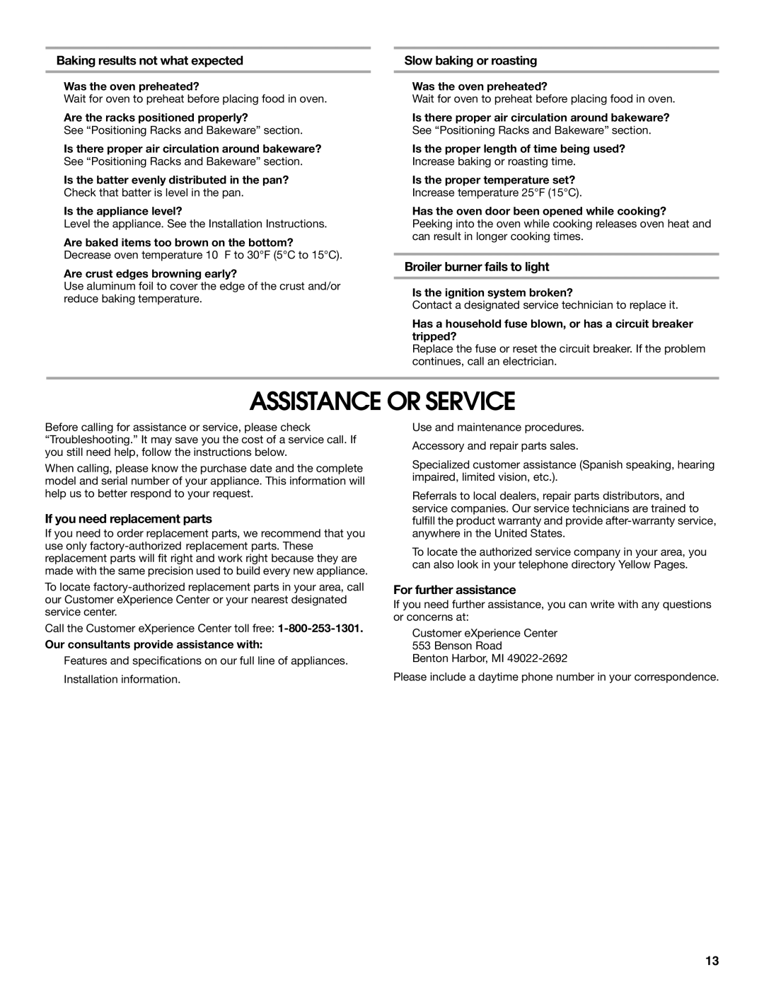 Whirlpool W10121768B manual Assistance or Service 