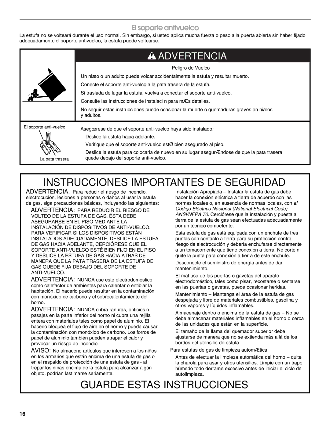 Whirlpool W10121768B manual Advertencia, El soporte antivuelco 