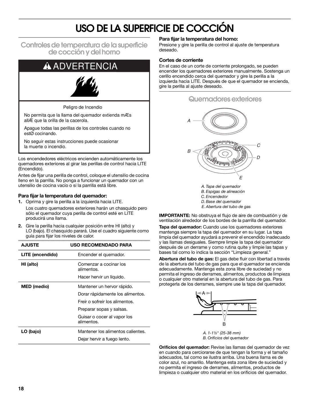 Whirlpool W10121768B manual USO DE LA Superficie DE Cocción, Quemadores exteriores, Para fijar la temperatura del quemador 