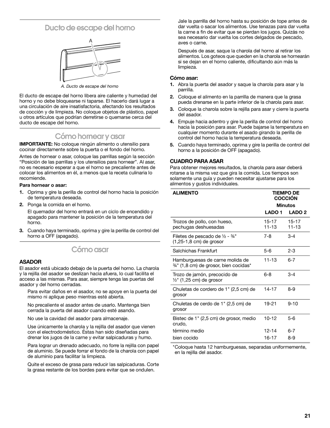 Whirlpool W10121768B manual Ducto de escape del horno, Cómo hornear y asar, Cómo asar, Asador, Cuadro Para Asar 