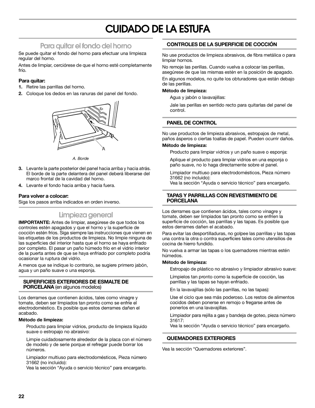 Whirlpool W10121768B manual Cuidado DE LA Estufa, Para quitar el fondo del horno, Limpieza general 