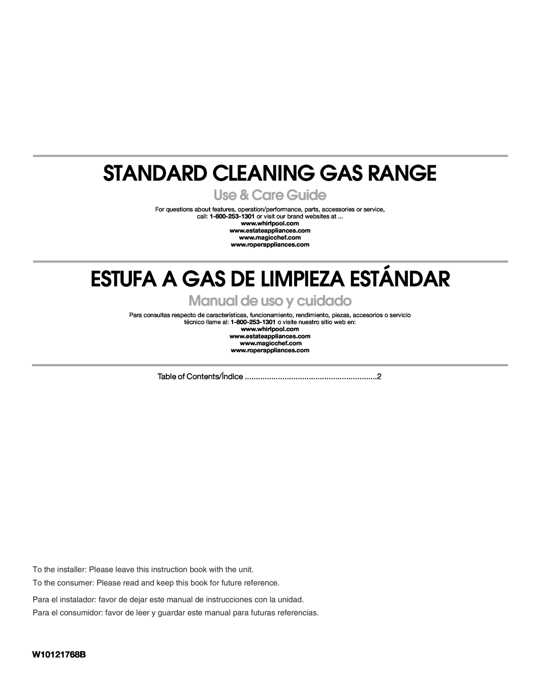 Whirlpool W10121768B manual Standard Cleaning Gas Range, Estufa A Gas De Limpieza Estándar, Use & Care Guide 