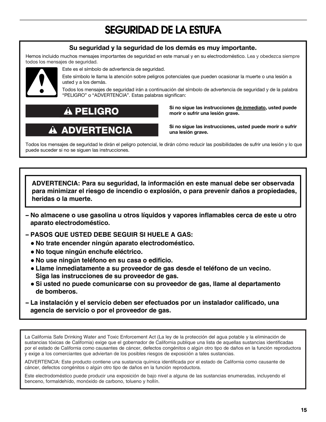 Whirlpool W10121768B manual Seguridad De La Estufa, Peligro Advertencia 