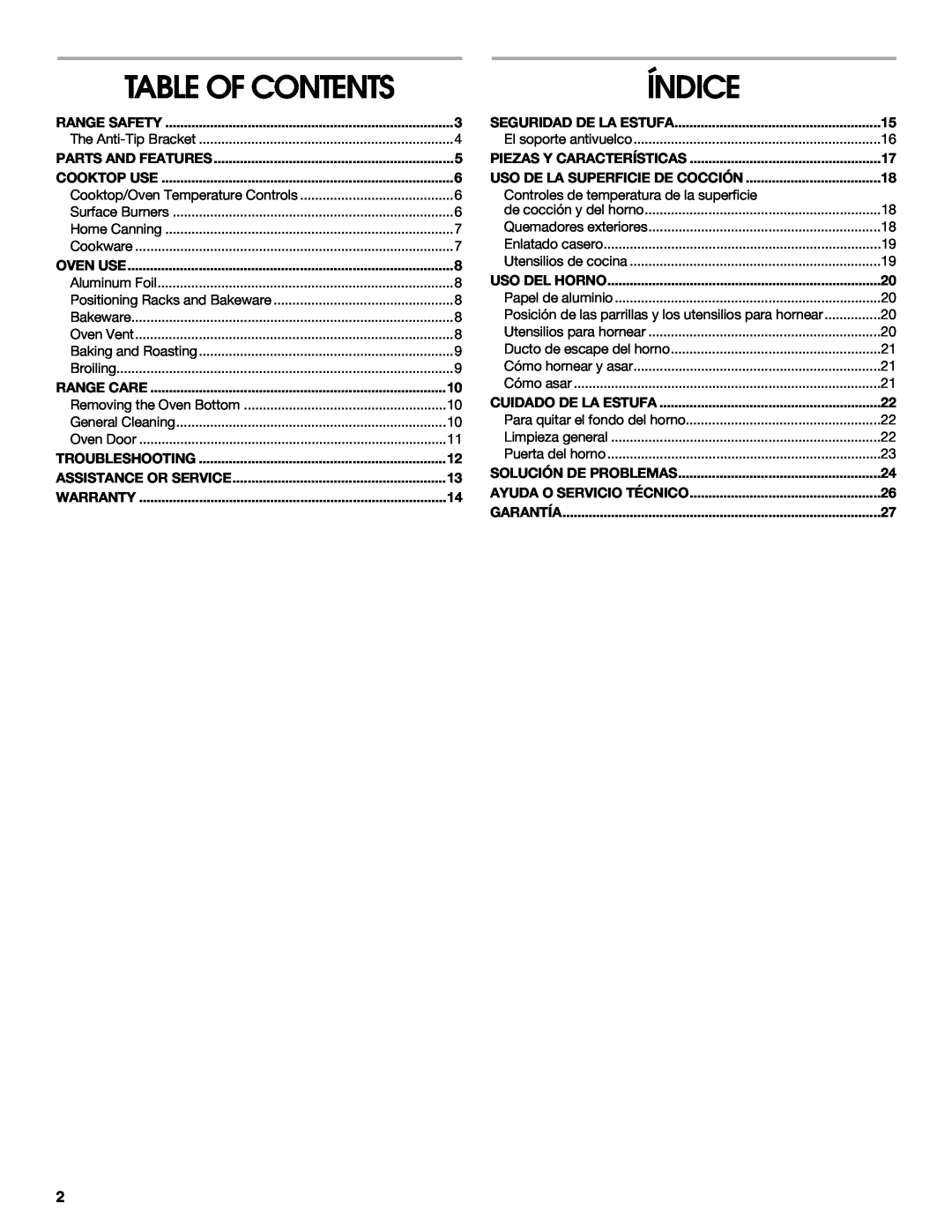 Whirlpool W10121768B manual Table Of Contents, Índice 