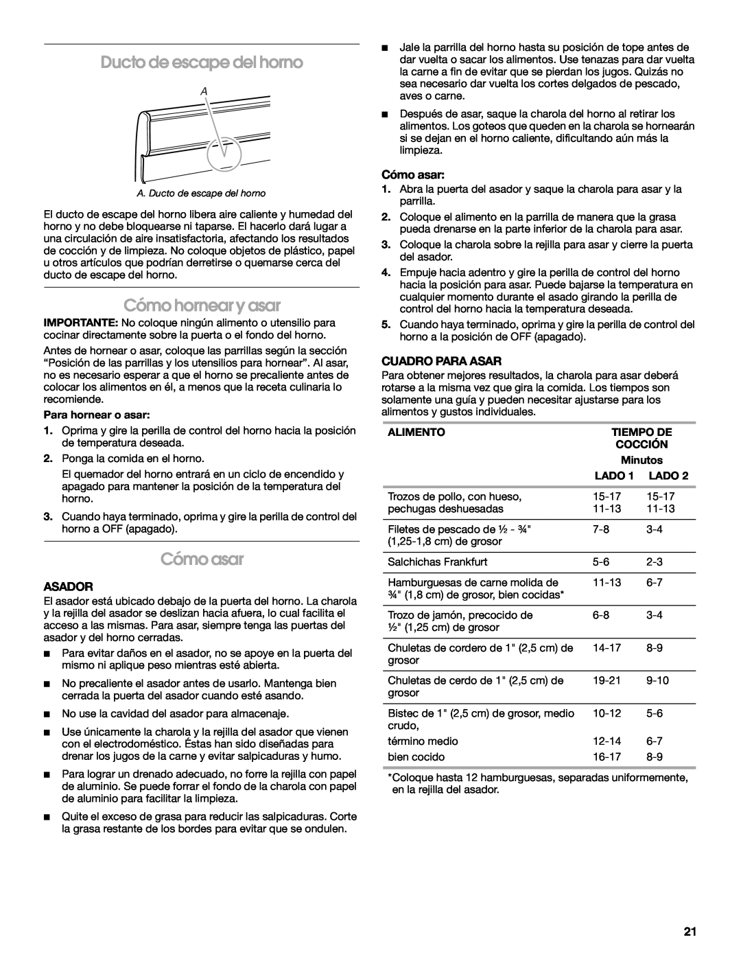 Whirlpool W10121768B manual Ducto de escape del horno, Cómo hornear y asar, Cómo asar, Asador, Cuadro Para Asar 