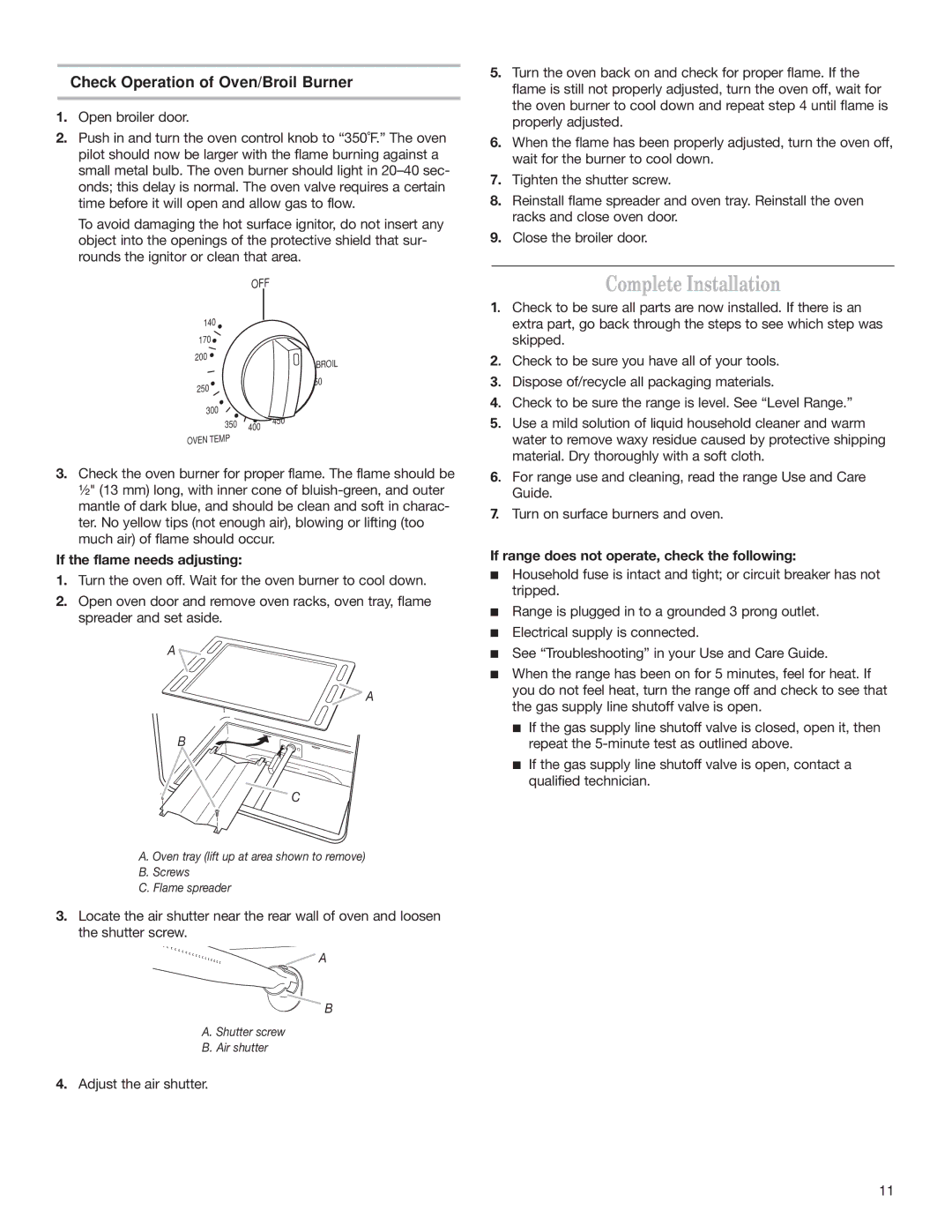 Whirlpool W10130752A Complete Installation, Check Operation of Oven/Broil Burner, If the flame needs adjusting 