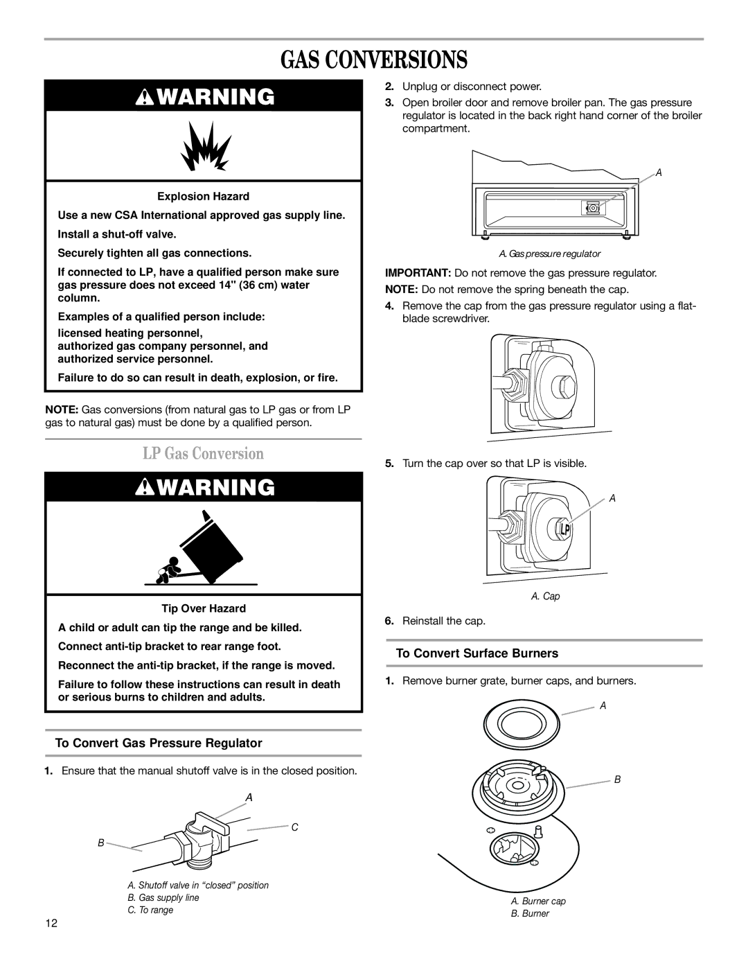 Whirlpool W10130752A GAS Conversions, LP Gas Conversion, To Convert Gas Pressure Regulator, To Convert Surface Burners 