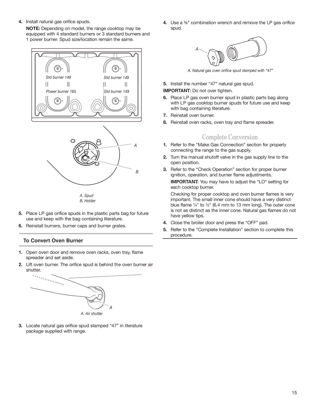 Whirlpool W10130752A installation instructions Install natural gas orifice spuds 