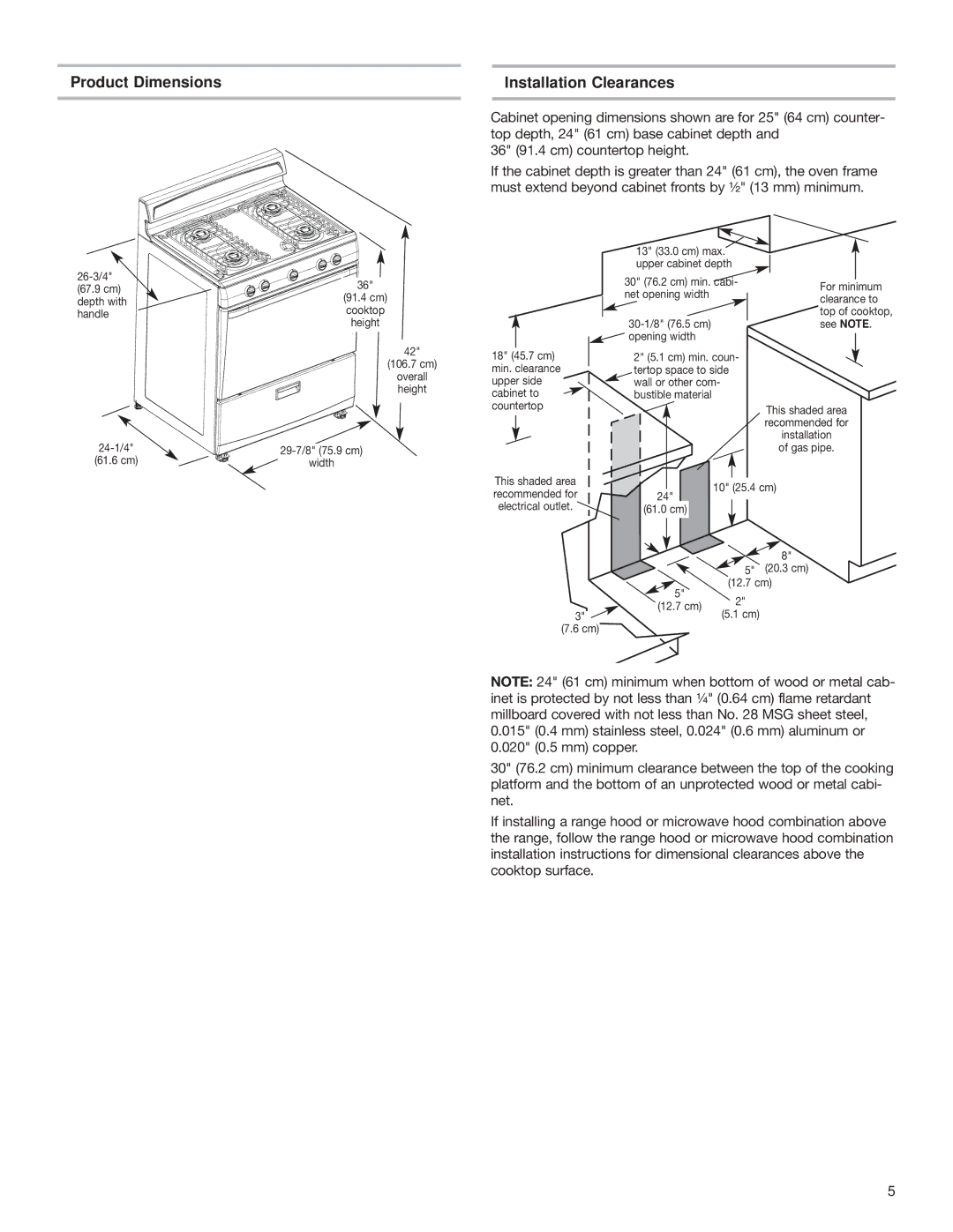 Whirlpool W10130752A Product Dimensions Installation Clearances, 18 45.7 cm min. clearance upper side cabinet to 