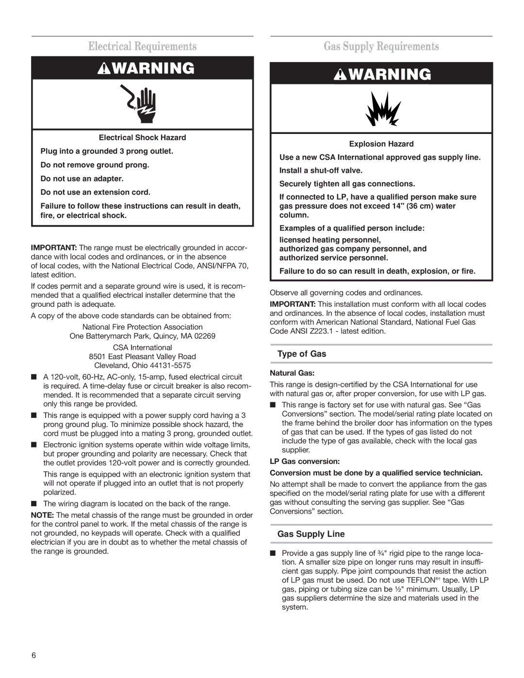 Whirlpool W10130752A Electrical Requirements, Gas Supply Requirements, Type of Gas, Gas Supply Line, Natural Gas 