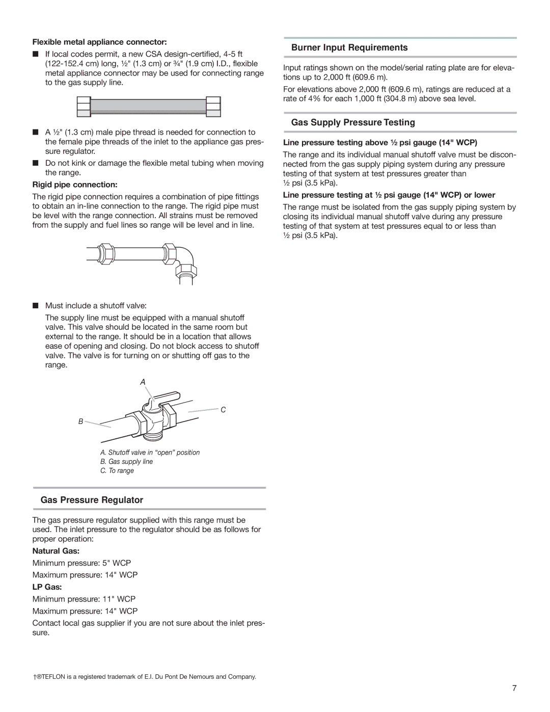 Whirlpool W10130752A Burner Input Requirements, Gas Supply Pressure Testing, Gas Pressure Regulator 