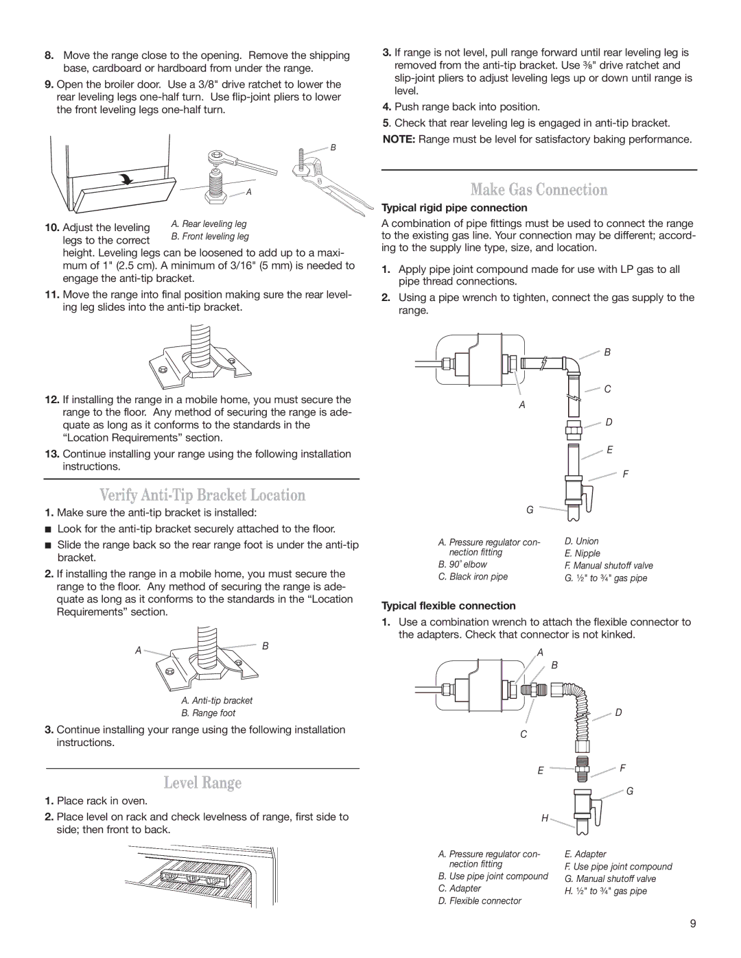 Whirlpool W10130752A Verify Anti-Tip Bracket Location, Level Range, Make Gas Connection, Typical rigid pipe connection 