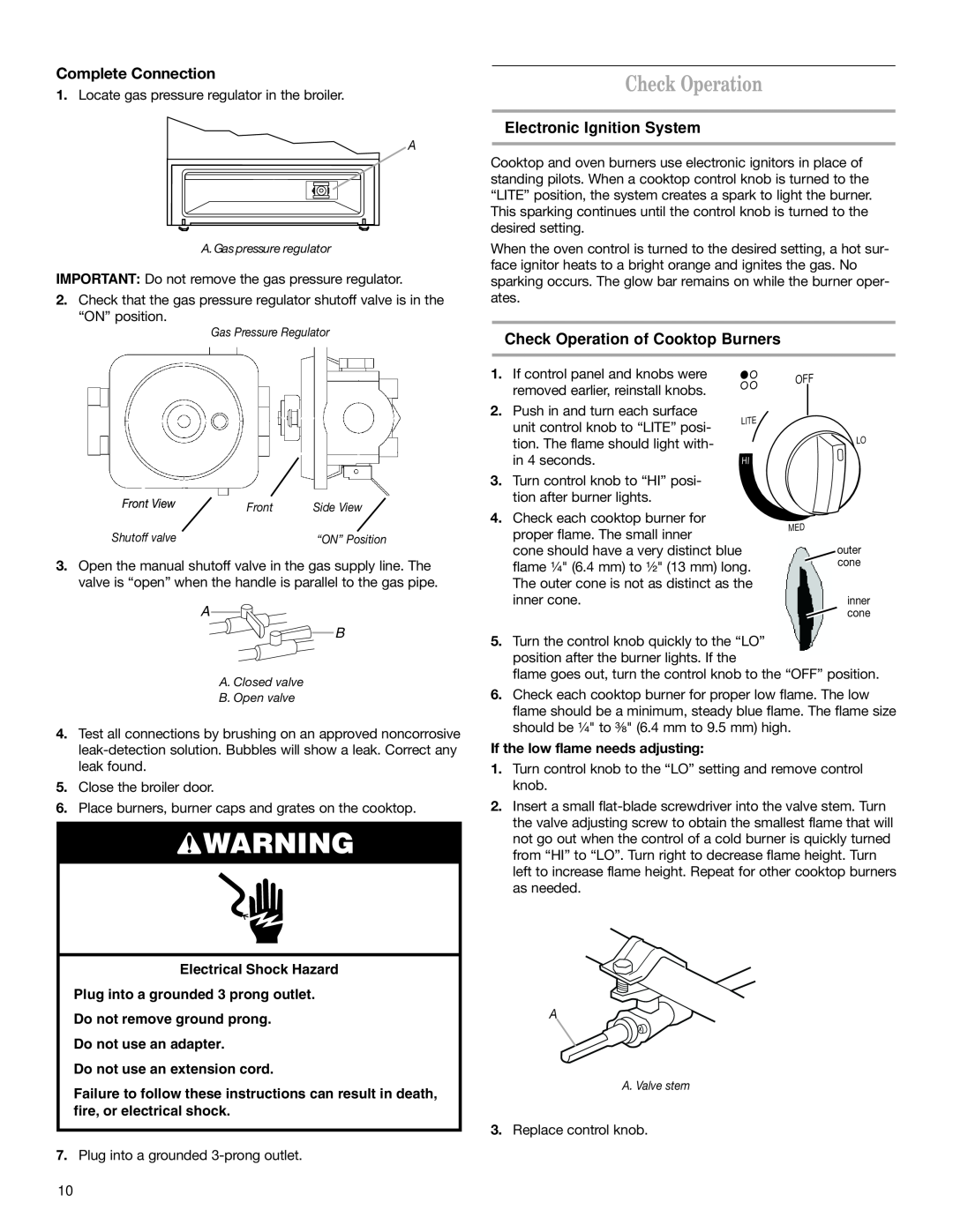 Whirlpool W10130752A Complete Connection, Electronic Ignition System, Check Operation of Cooktop Burners 
