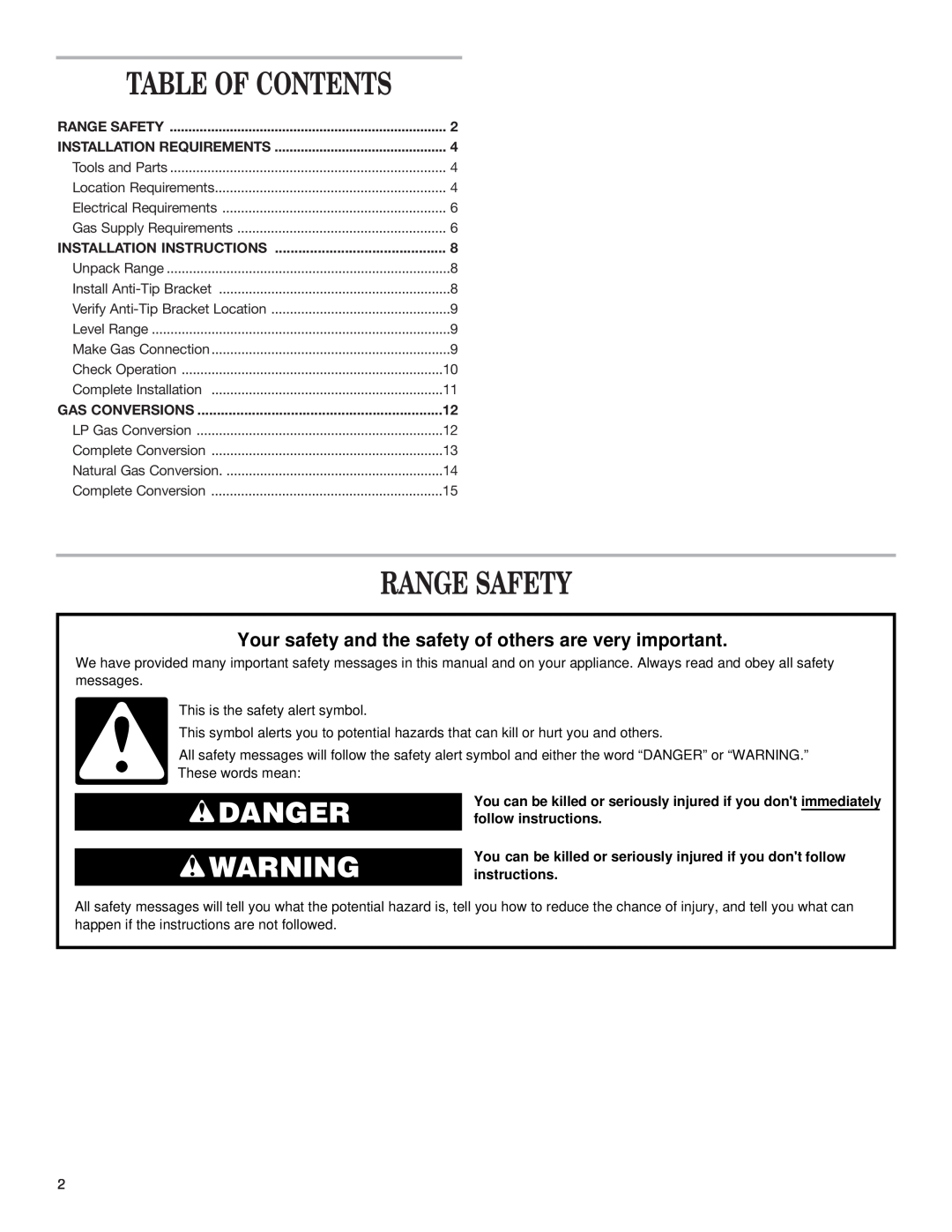 Whirlpool W10130752A Range Safety, Table Of Contents, Danger, Installation Requirements, Installation Instructions 