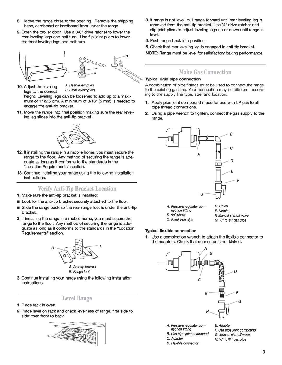 Whirlpool W10130752A Verify Anti-Tip Bracket Location, Level Range, Make Gas Connection, Typical flexible connection 