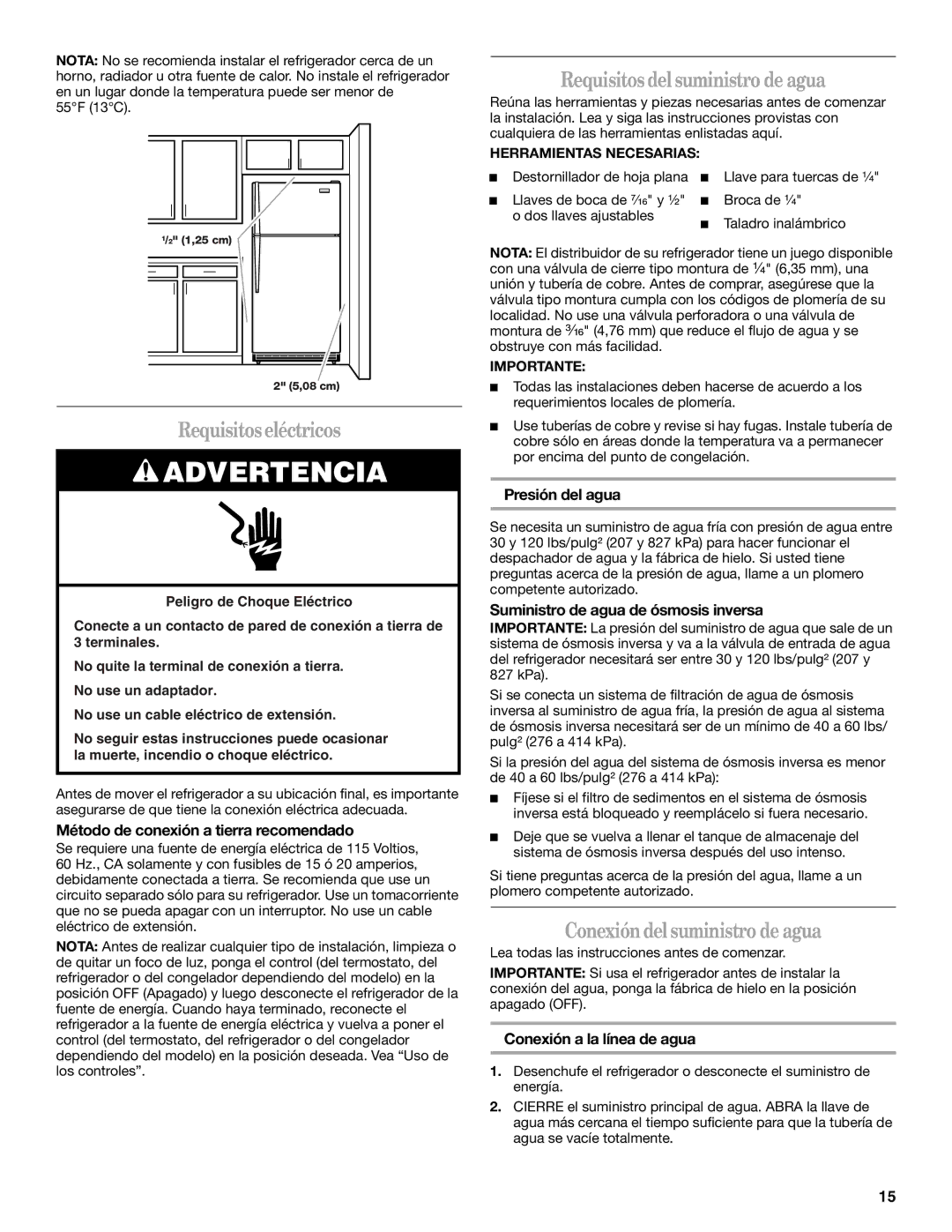 Whirlpool W10131417A, W10131409A Requisitos eléctricos, Requisitos del suministro de agua, Conexión del suministro de agua 