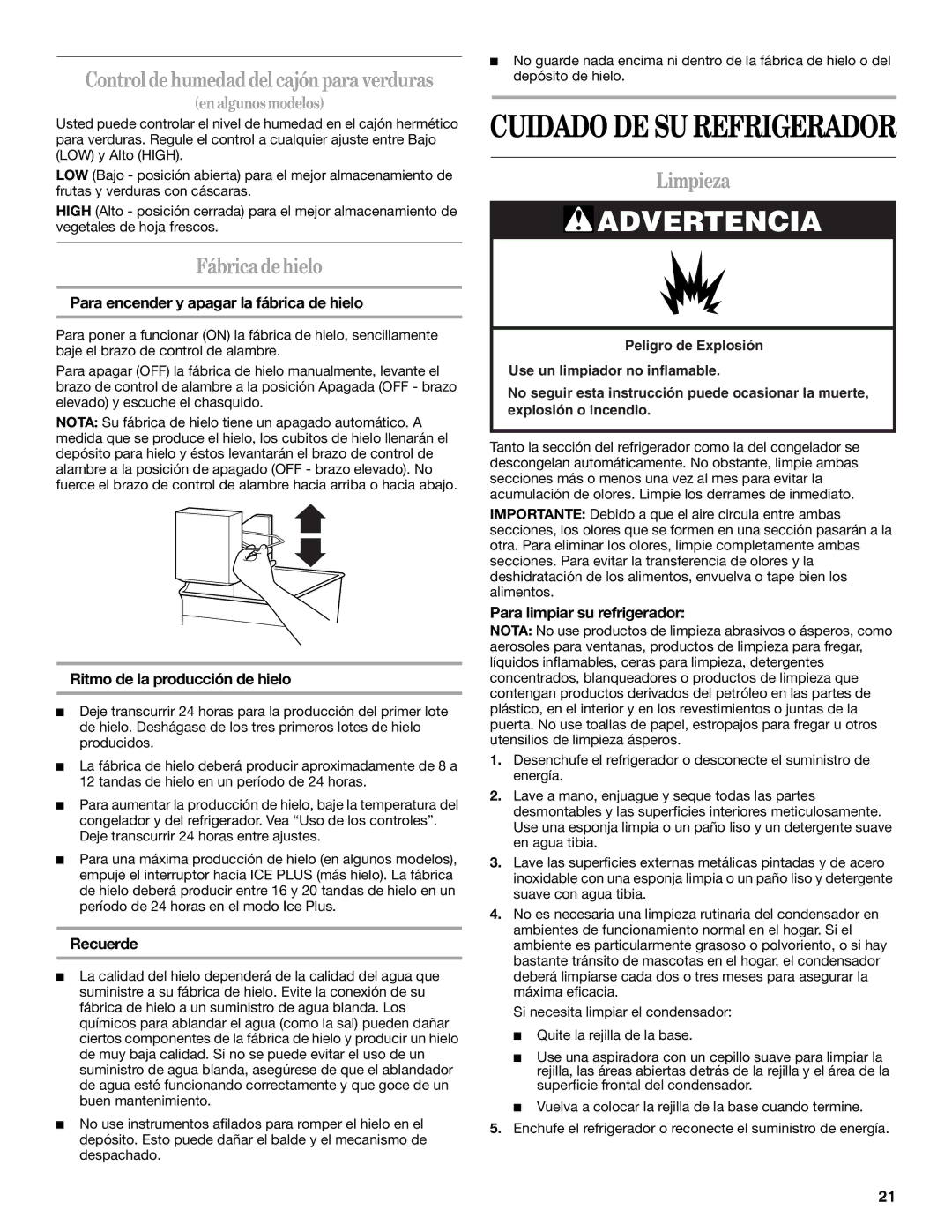 Whirlpool W10131417A, W10131409A installation instructions Fábrica de hielo, Limpieza 