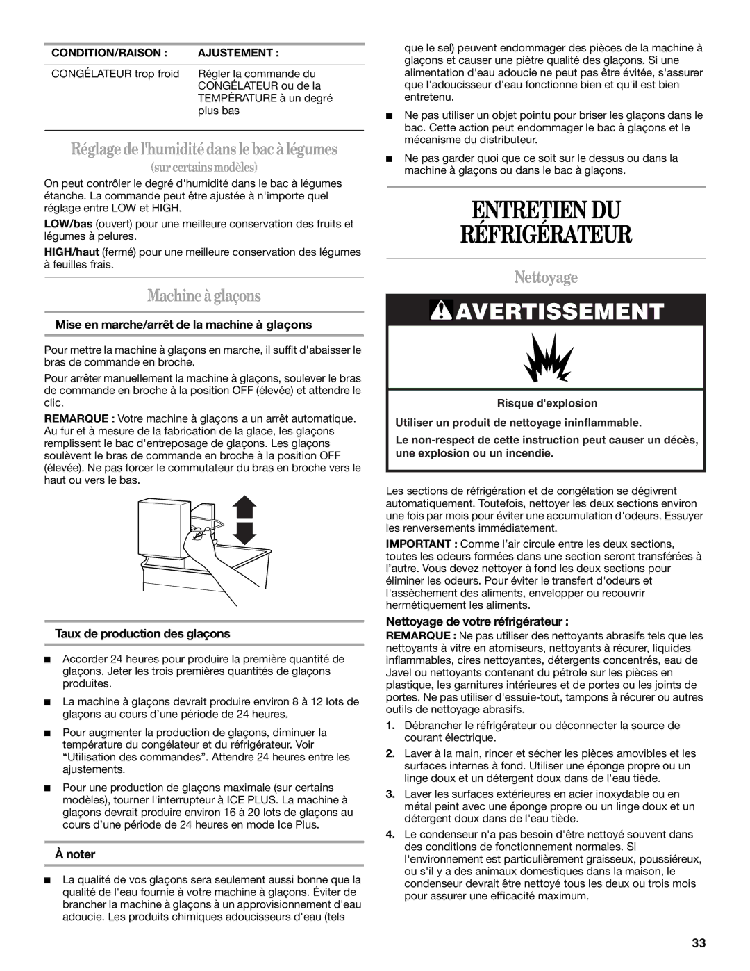 Whirlpool W10131417A, W10131409A installation instructions Entretien DU Réfrigérateur, Machine à glaçons, Nettoyage 