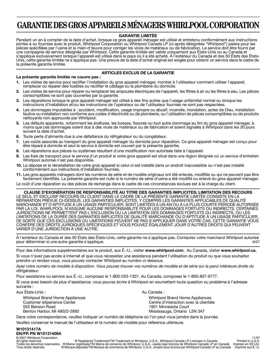 Whirlpool W10131409A Garantie Limitée, Articles Exclus DE LA Garantie, La présente garantie limitée ne couvre pas 