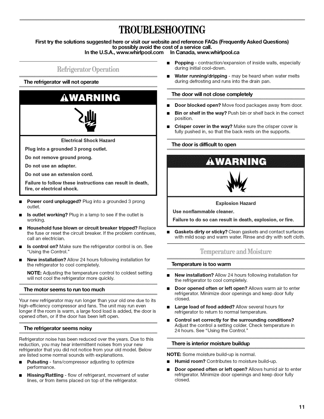 Whirlpool W10131412A Troubleshooting, Refrigerator will not operate, Door will not close completely 