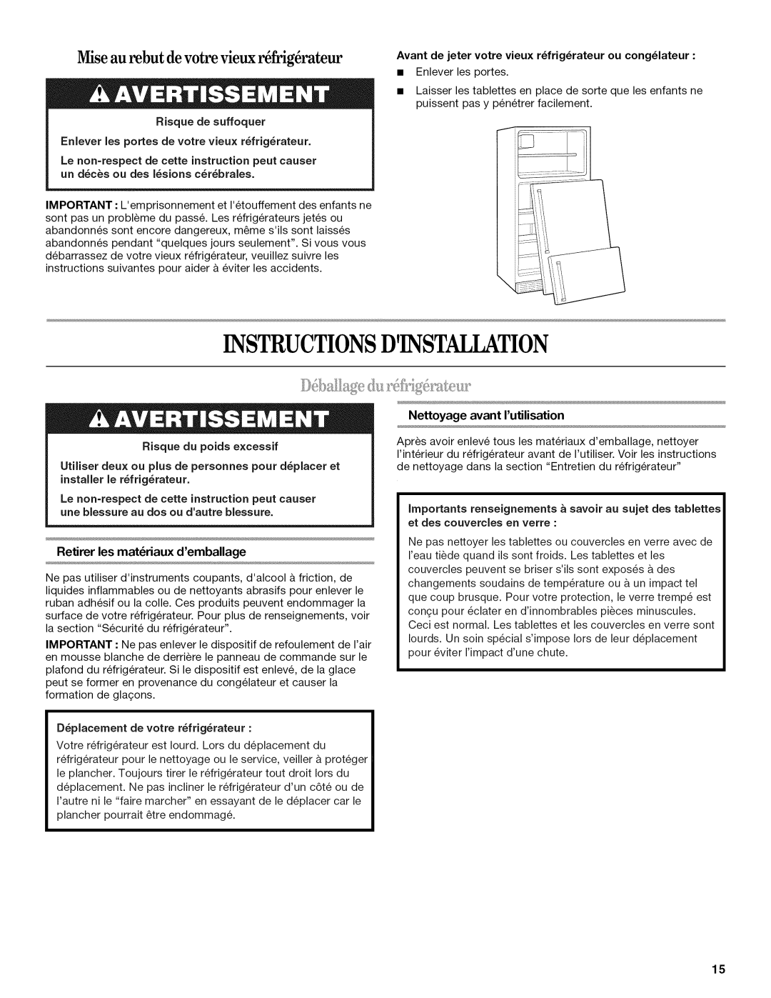 Whirlpool W10131412A Instructionsdinstallation, Retirer les matriaux demballage, Risque de suffoquer 