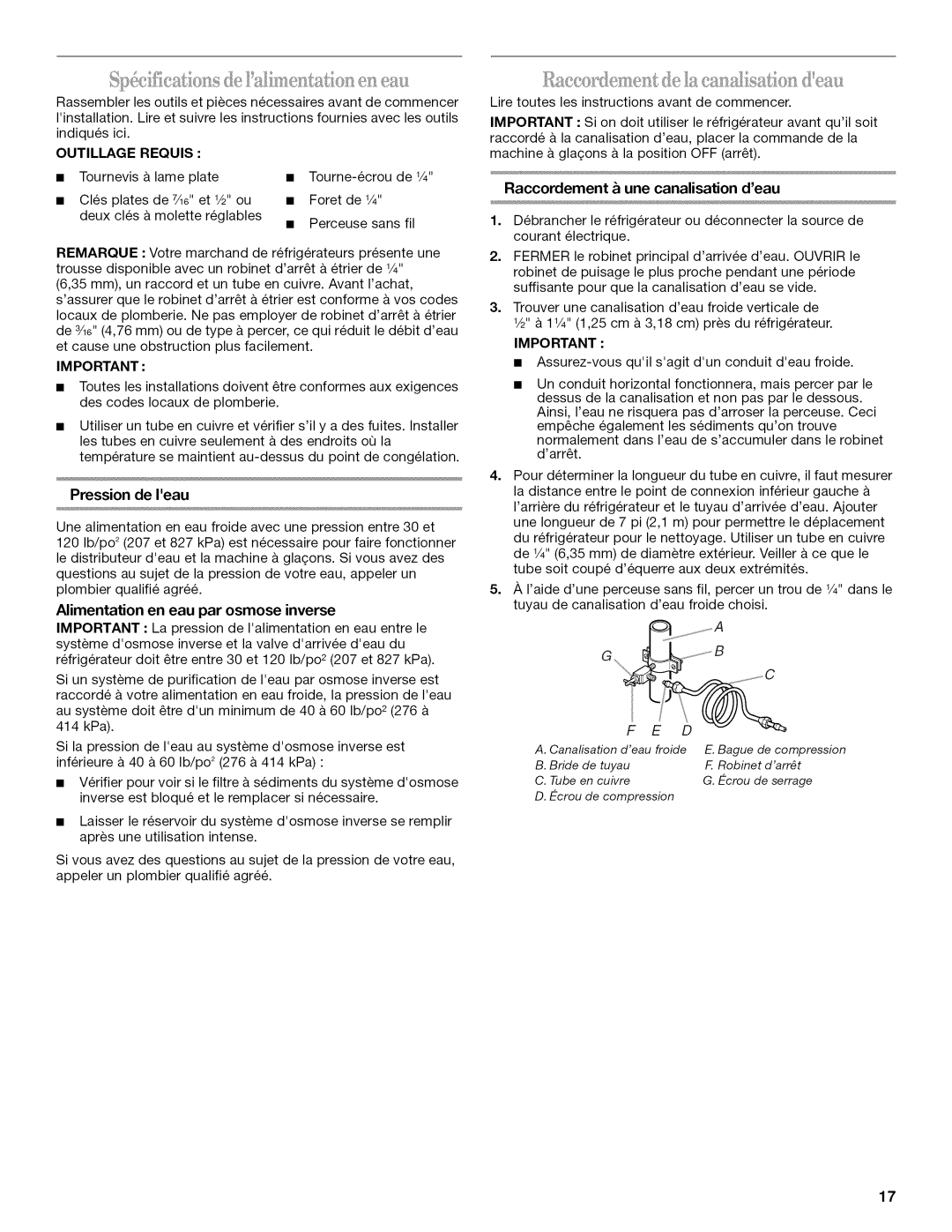 Whirlpool W10131412A installation instructions Pression de Ieau, Raccordement & une canalisation deau 